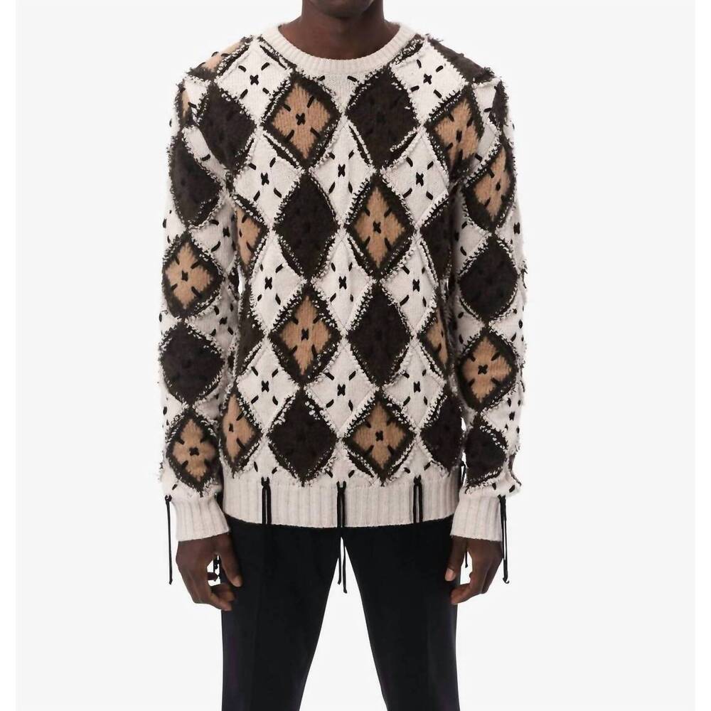 NEW AMIRI lacing argyle plaid crew top in alabaster